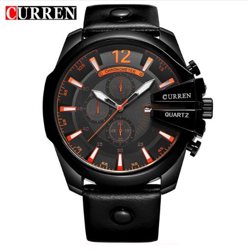 Men's quartz wristwatch with black dial, silver case, and black leather strap
