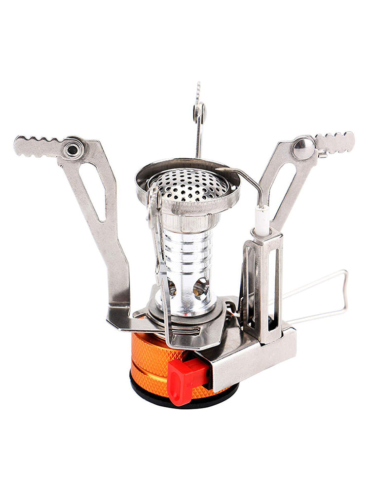 Portable mini camping stove with stainless burner, folding arms, and orange base