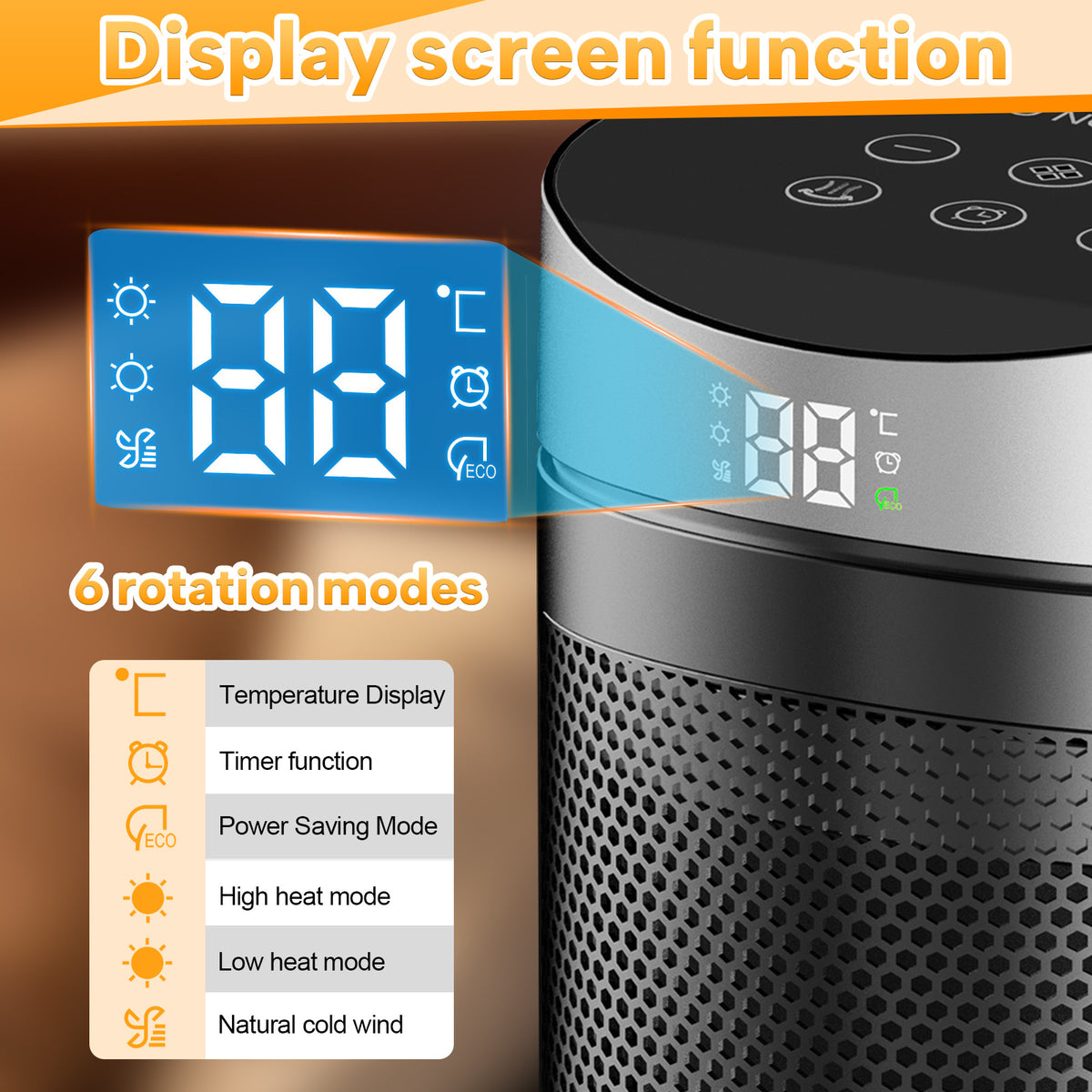 Desktop electric heater display screen showing settings and modes on front control panel