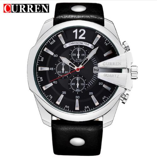 Men's quartz wristwatch with black dial, silver-tone case, and black leather strap