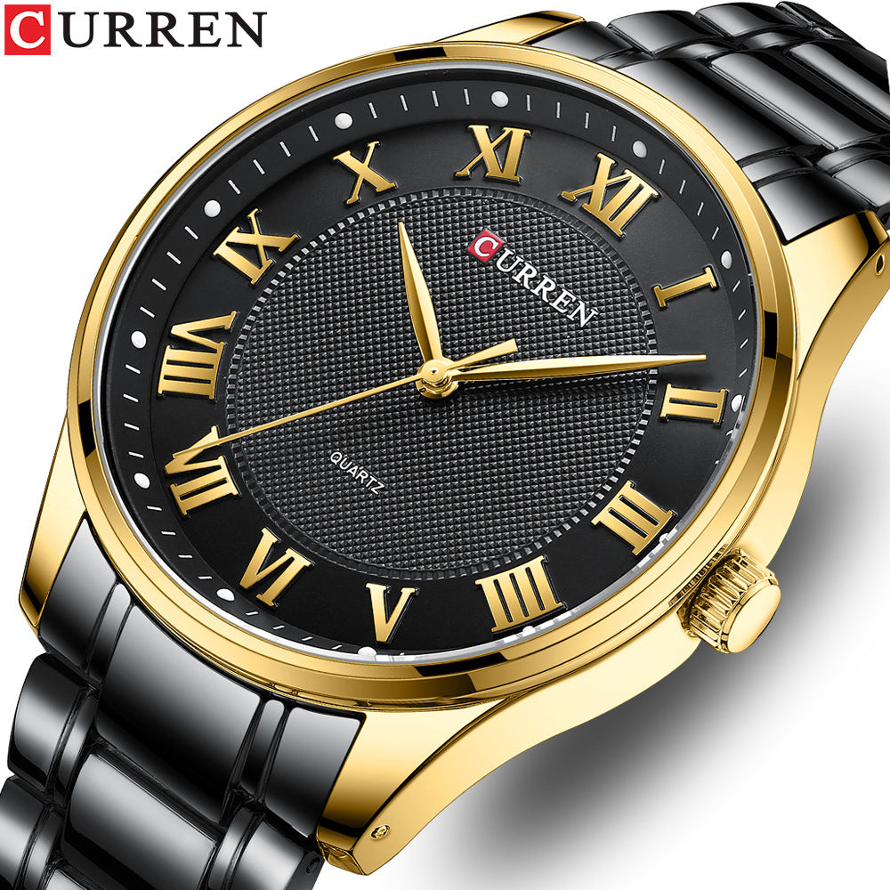 CURREN men's quartz watch with black leather-style strap and black dial, gold hands