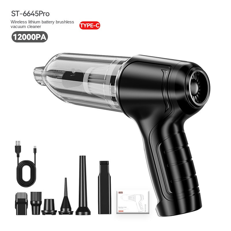 Handheld mini car vacuum cleaner, black body with clear dust bin and Type-C cable