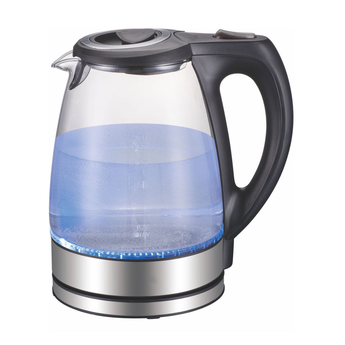 Black glass electric kettle with blue LED light at the base and curved handle