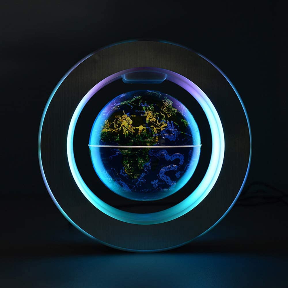 Magnetic levitation LED world map globe with blue glowing ring and Earth in center