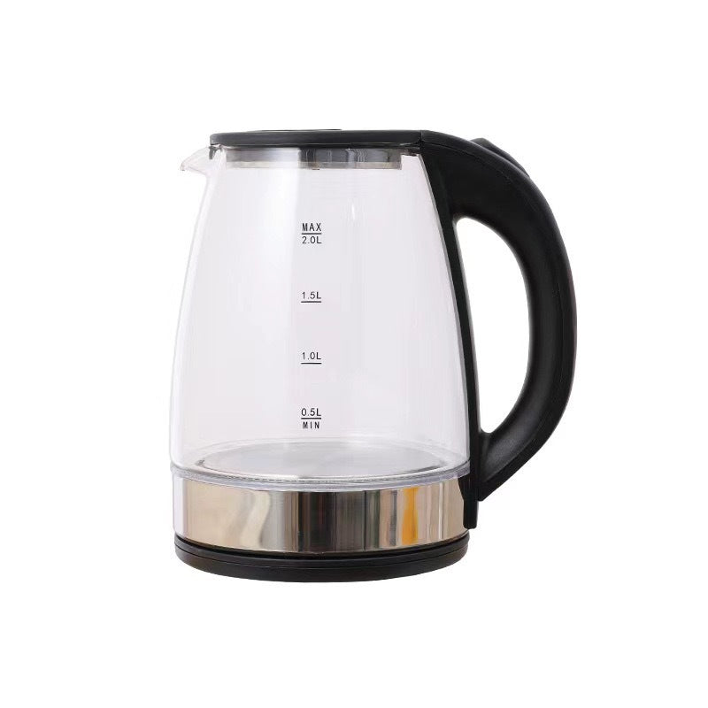 Clear glass electric kettle with black handle and lid, stainless-steel base