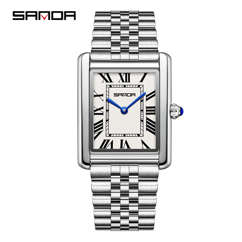 Square Roman numeral quartz wristwatch with silver metal bracelet and light dial, blue hands