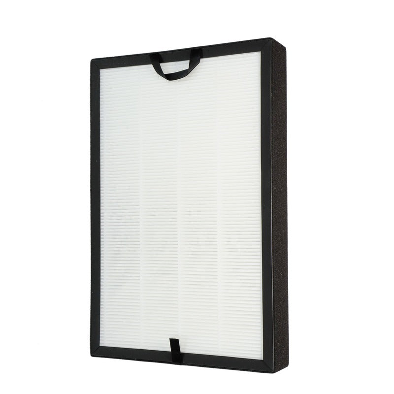Square replacement HEPA-style filter with white media and black frame