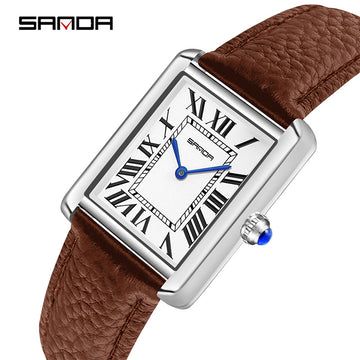 Square quartz watch with brown leather strap and silver case; roman numeral dial.