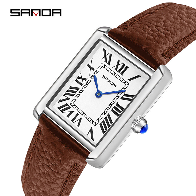 Square quartz watch with brown leather strap and silver case; roman numeral dial.
