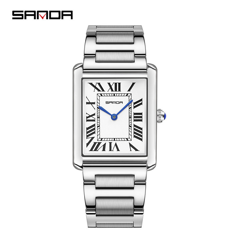 Square quartz watch with silver metal bracelet and silver case; Roman numeral dial.