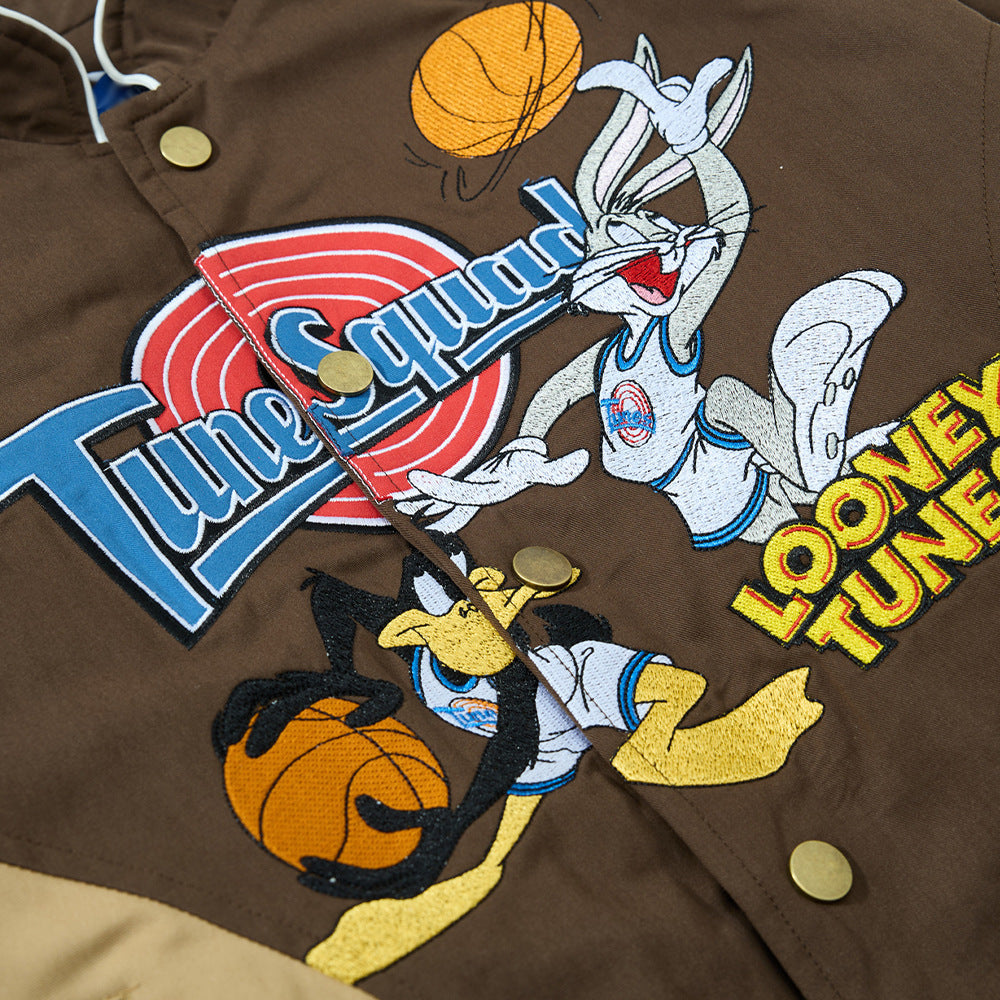Brown jacket detail with Looney Tunes character embroidery and bold printed logo