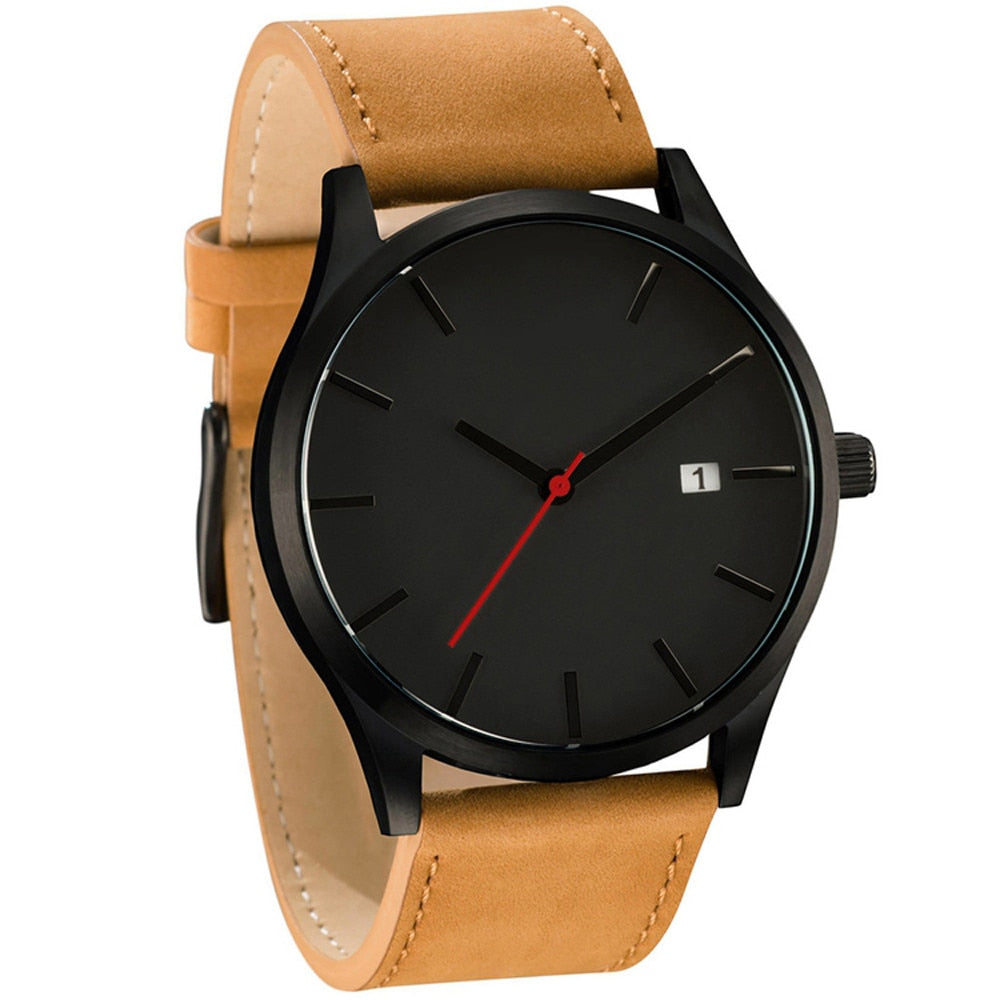 Men's fashion watch with black dial and tan leather-style strap, red second hand.