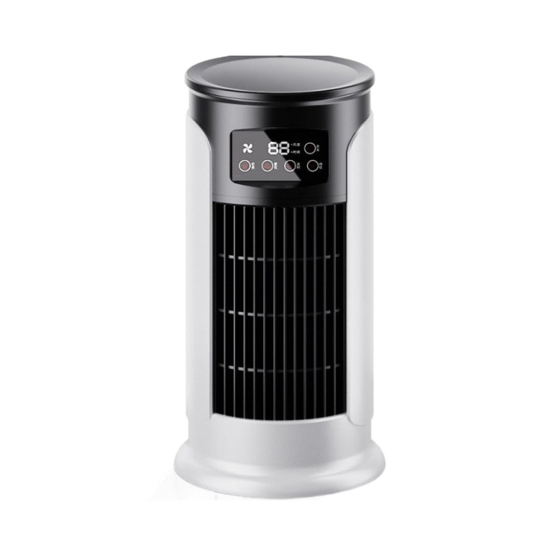 Portable air cooler fan with LCD panel, white tower body and black top grille