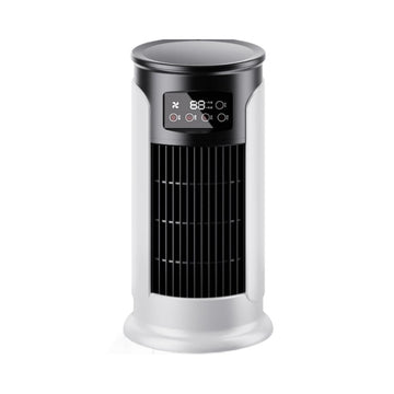 Portable air cooler fan with LCD panel, white tower body and black top grille