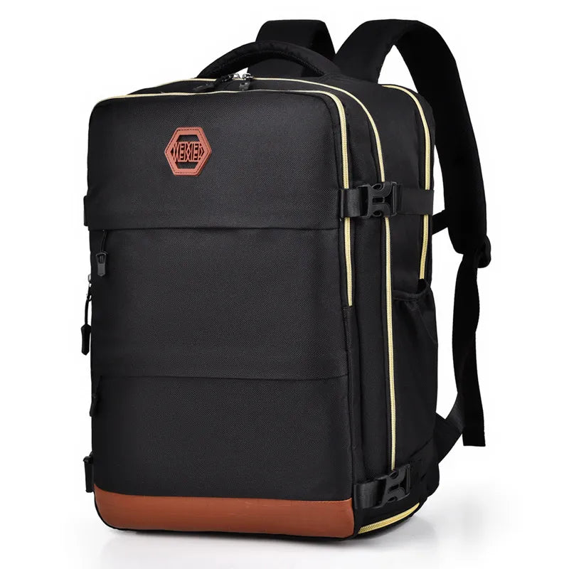Black color-block backpack bag with front logo patch, straps, and brown bottom panel