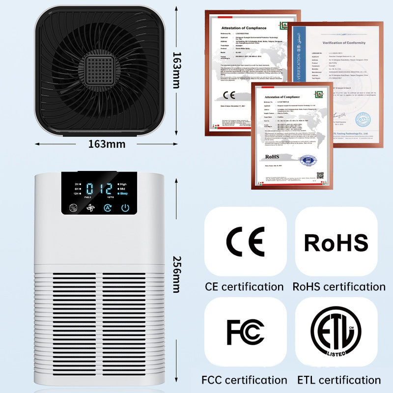 White desktop air purifier with dimensions diagram, front LED display, and certification icons