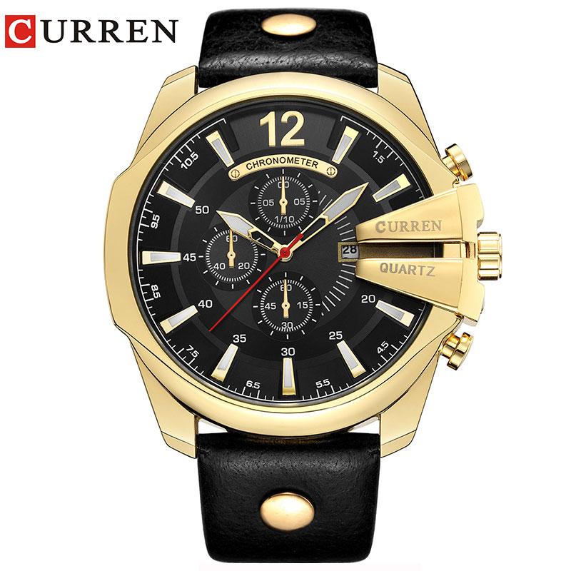 Men's quartz wristwatch with black dial, gold-tone case, and black leather strap