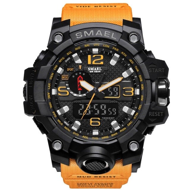 Men's digital LED sports watch with orange silicone strap and black rugged case