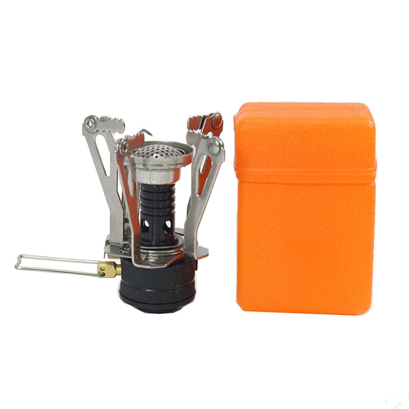Portable mini camping stove with stainless burner and orange fuel canister storage case
