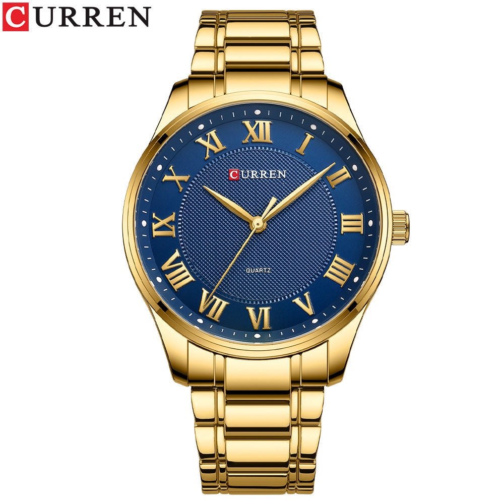CURREN men's quartz watch with gold-tone steel bracelet and blue dial with Roman numerals