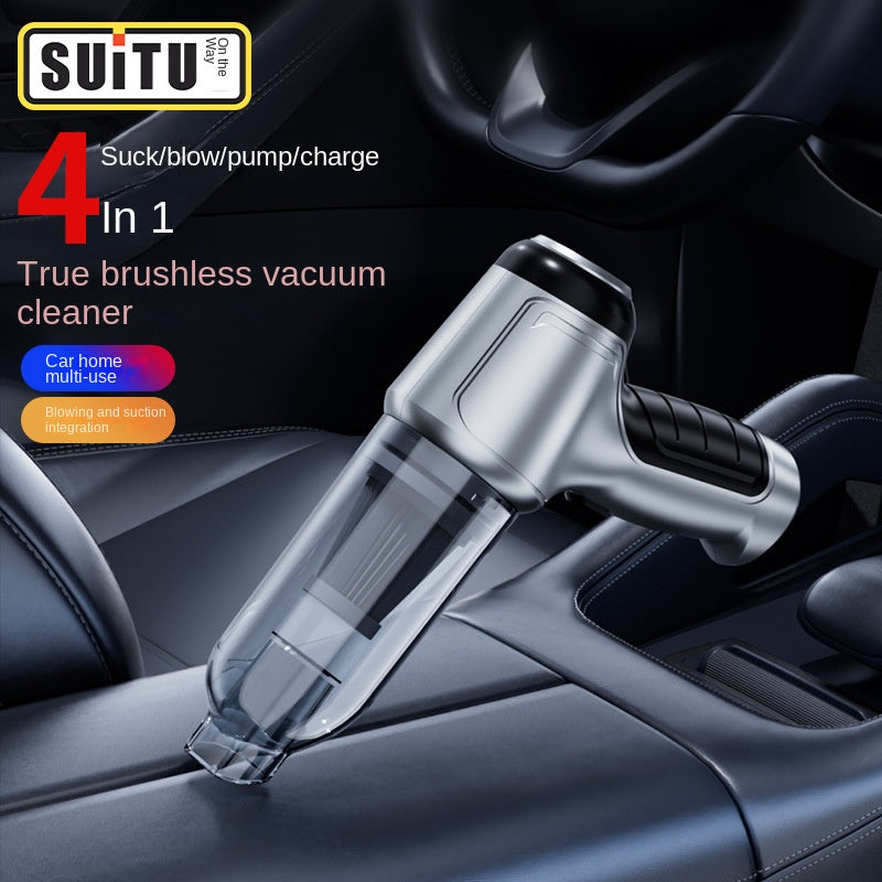 Portable handheld car vacuum cleaner with clear dust cup, silver-gray body and nozzle