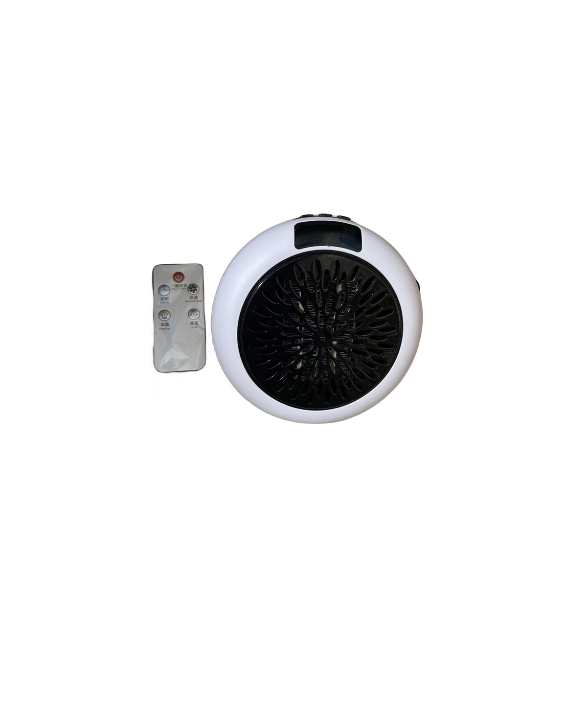 White circular heater with remote control, front fan grille visible