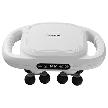 White fascia gun massager with top housing, display buttons, and four black feet
