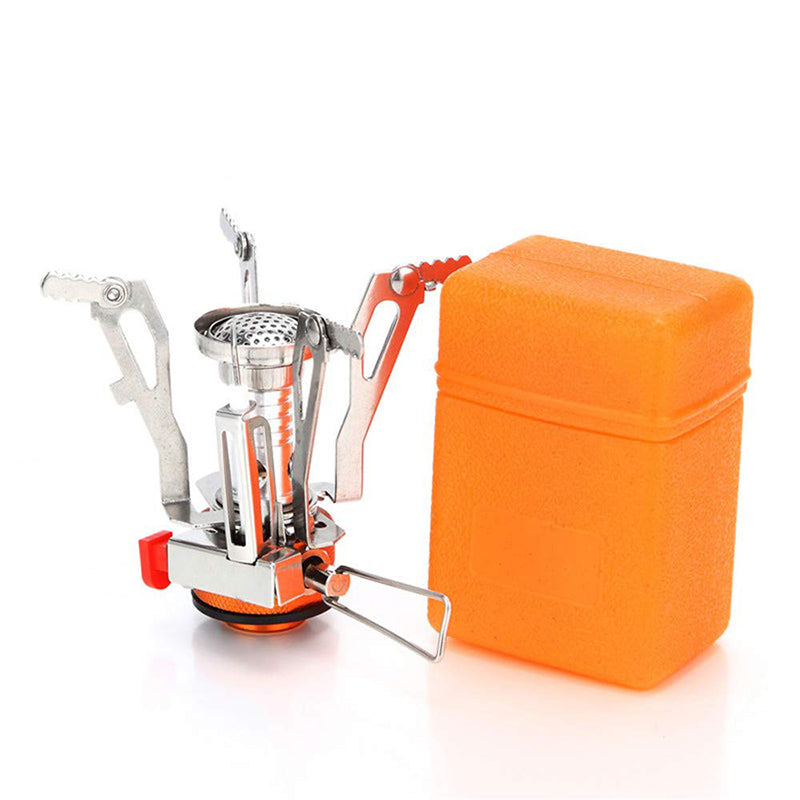 Portable mini camping stove with orange fuel canister and folding burner stand
