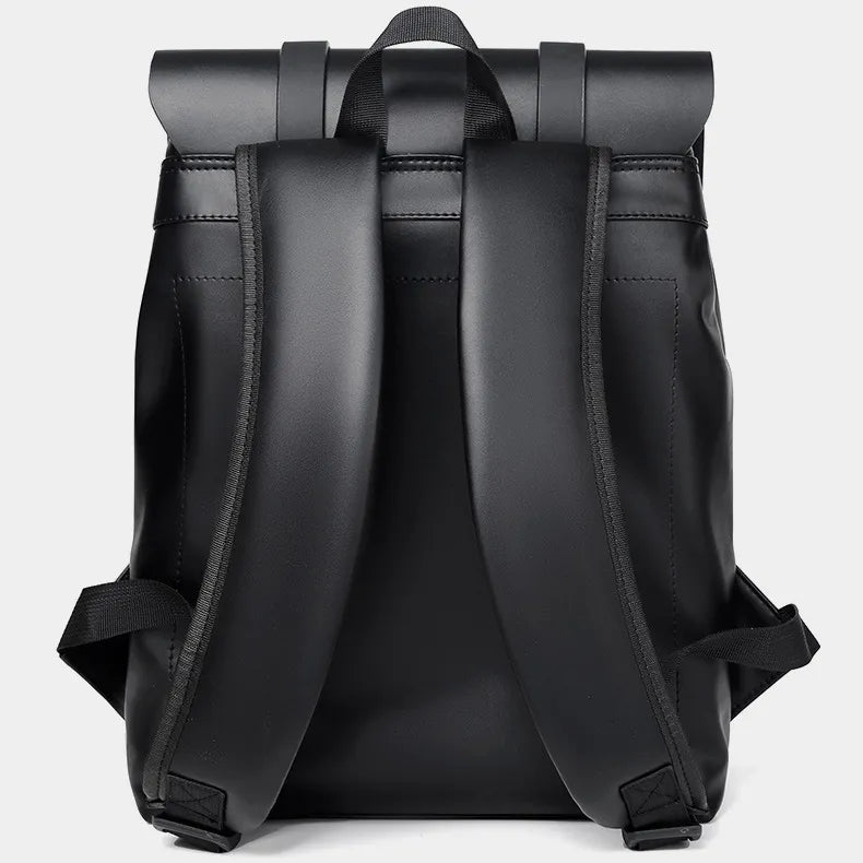 Black PU leather backpack with adjustable shoulder straps and front buckle panel