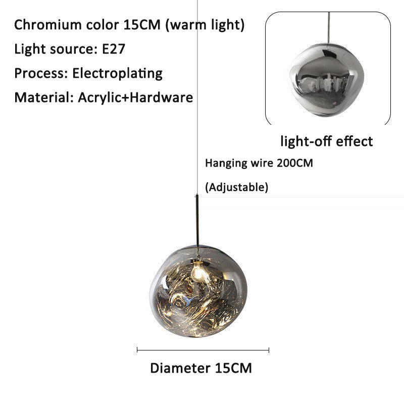Single chrome spherical acrylic pendant globe with adjustable hanging wire, 15cm diameter