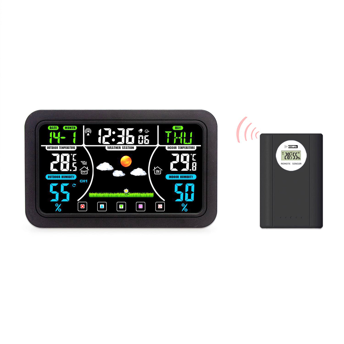 Black wireless weather clock with color touchscreen and black outdoor sensor transmitter