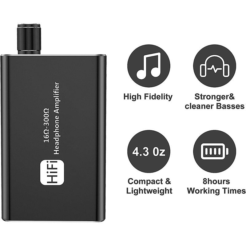 Black compact headphone amplifier with metal volume knob on top