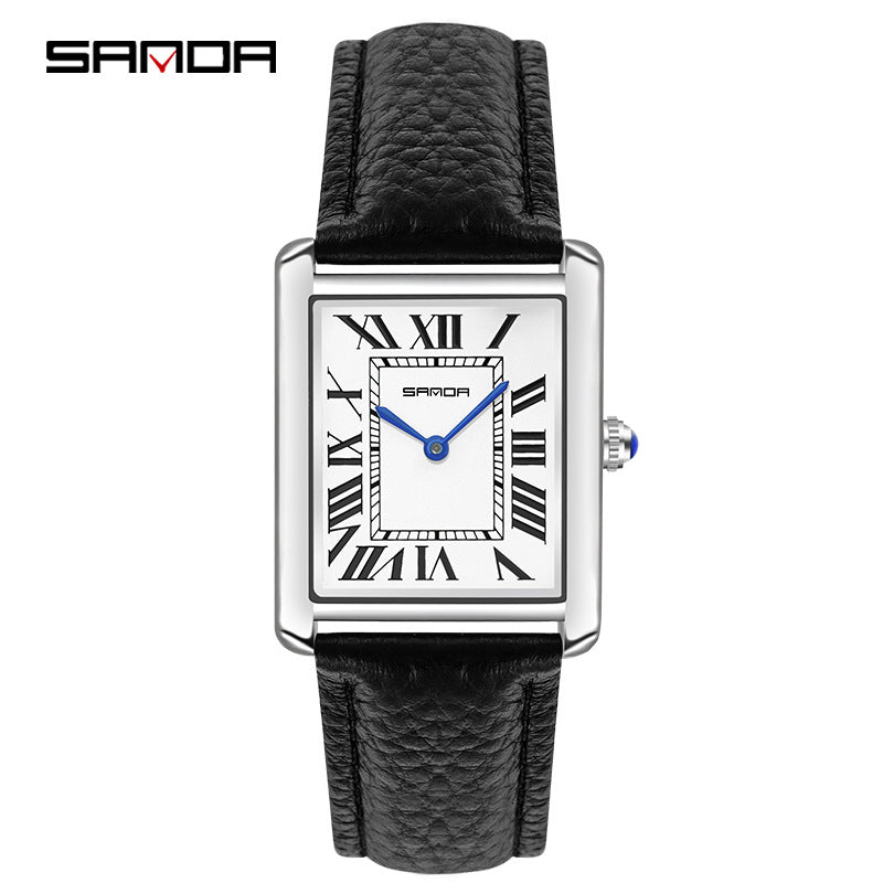 Square quartz watch with black leather strap and silver case; Roman numeral dial.