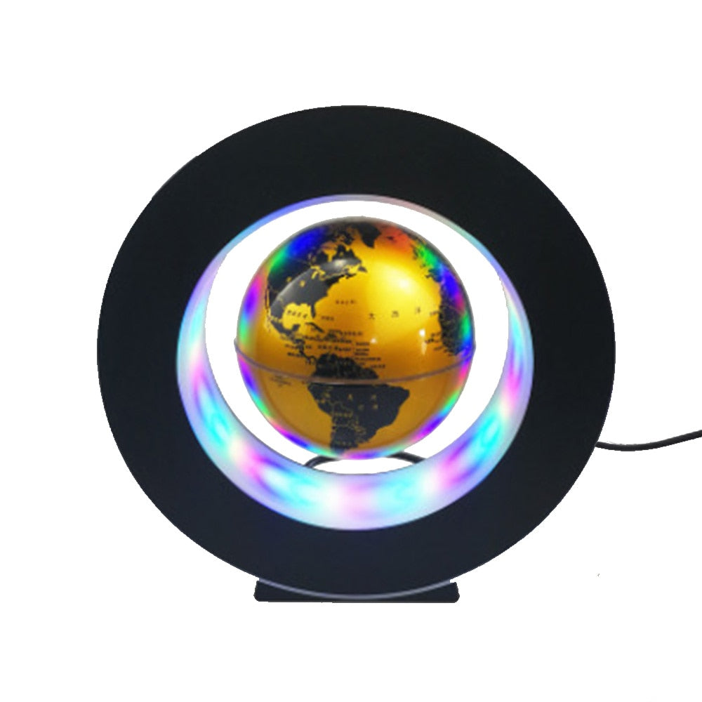 Magnetic levitation LED globe on black base with gold Earth globe and rainbow ring glow