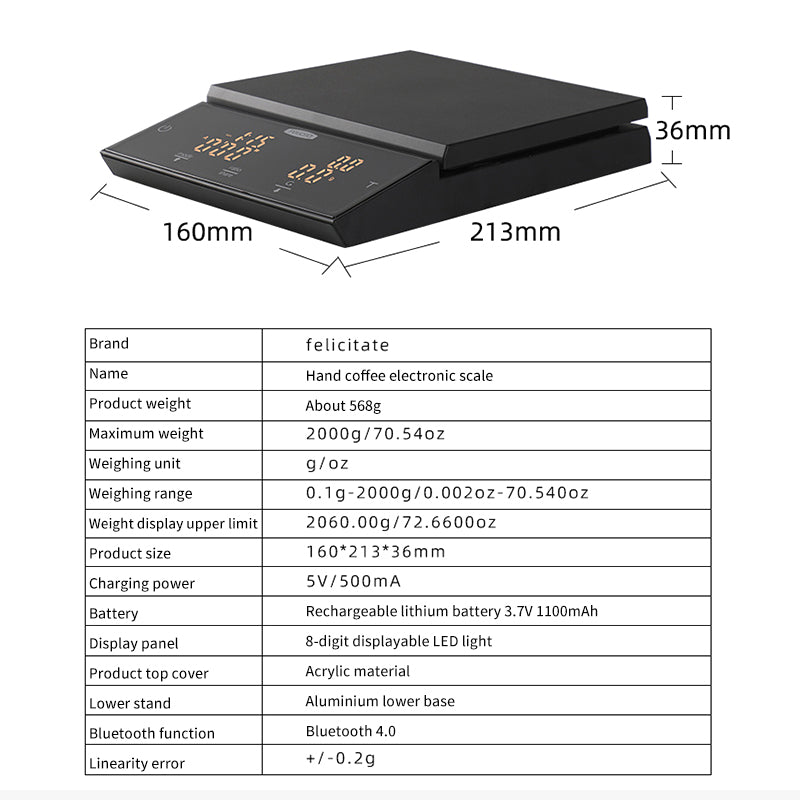 Coffee electronic scale with printed specs table and dimensions on white background