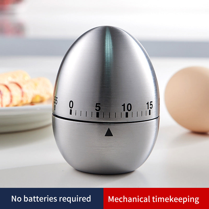 Stainless steel egg timer front view, brushed metal finish and countdown dial