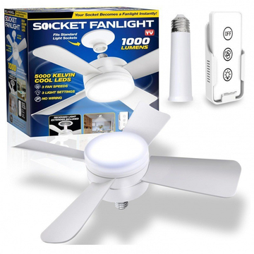 White ceiling fan humidifier kit with LED bulb, wall control module, and display packaging