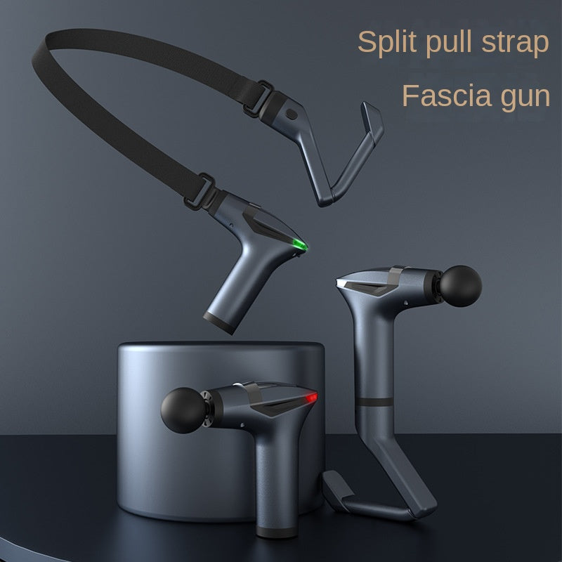 Fascia massage gun with extended pull strap, dark gray body and black round head