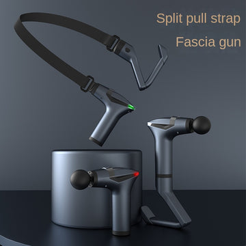 Fascia massage gun with extended pull strap, dark gray body and black round head