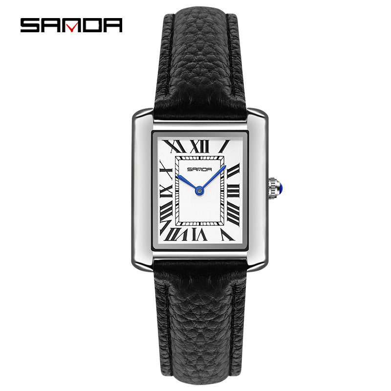 Square quartz watch with black leather strap and silver case; white Roman numeral dial.