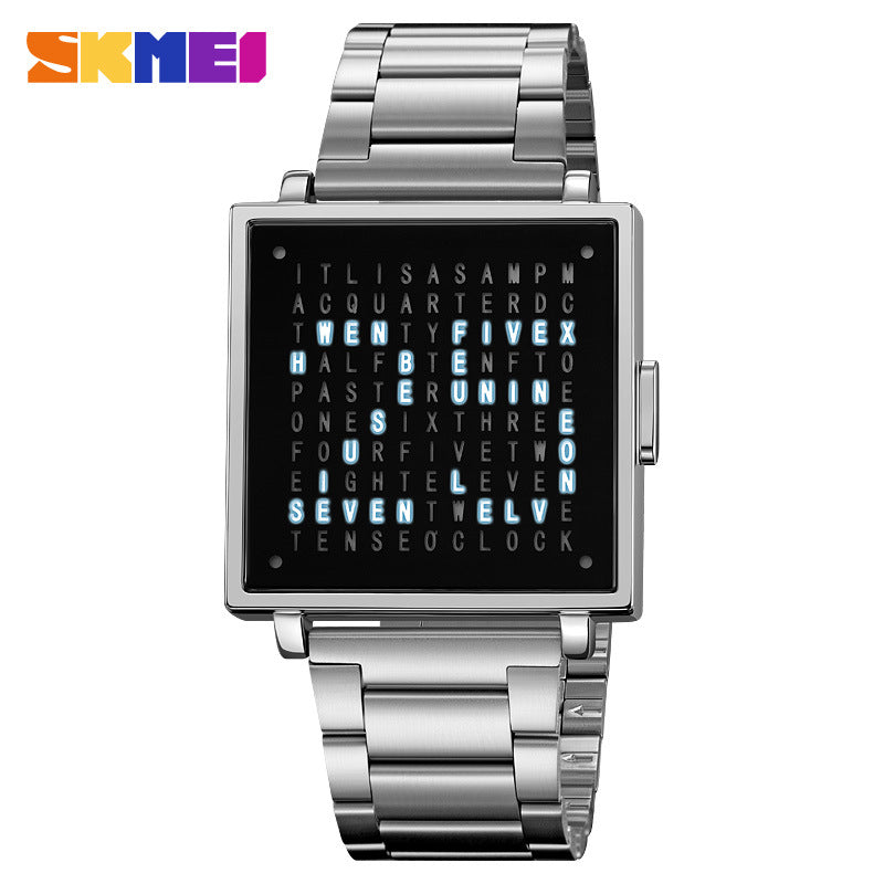 Silver LED digital steel bracelet watch with square dark face and blue light display