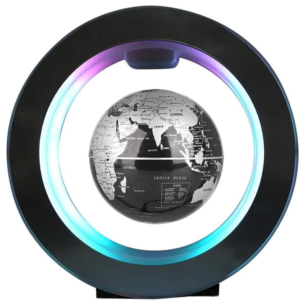 Magnetic levitation LED globe with black-and-white Earth globe and blue glowing ring