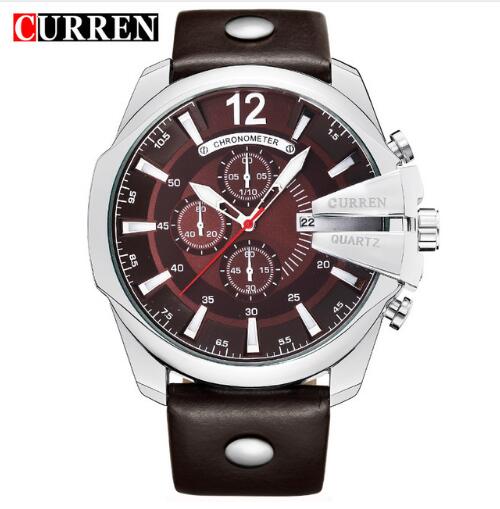 Men's quartz wristwatch with dark maroon dial, silver-tone case, and brown leather strap