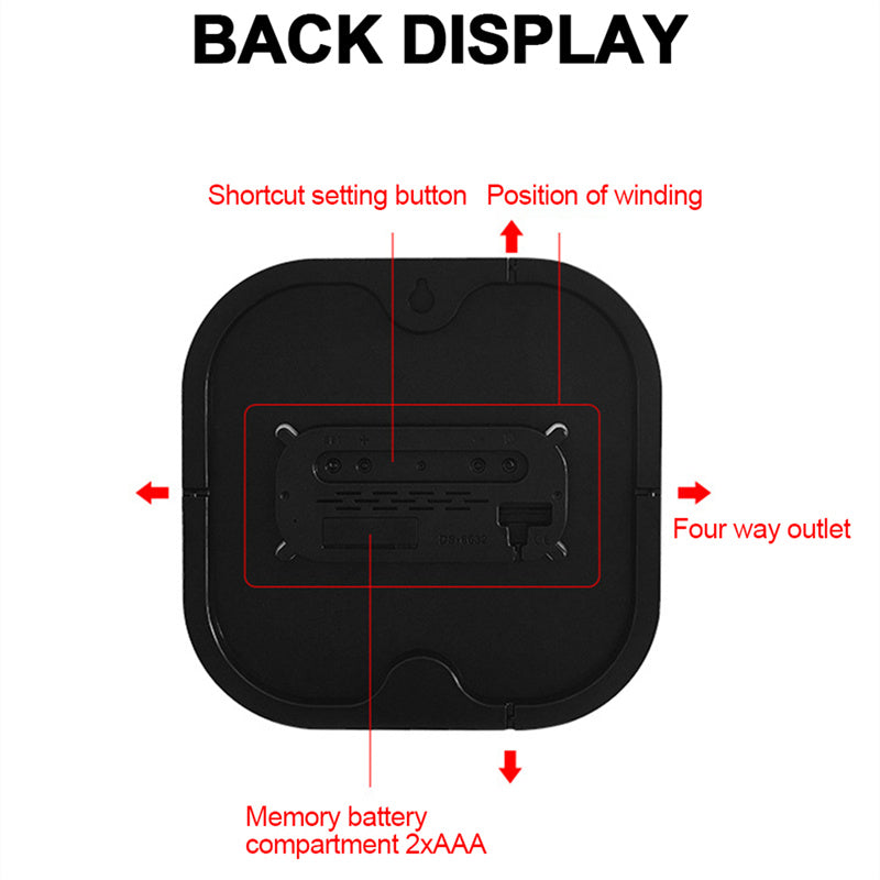 LED wall clock back panel with battery compartment and four-way outlet