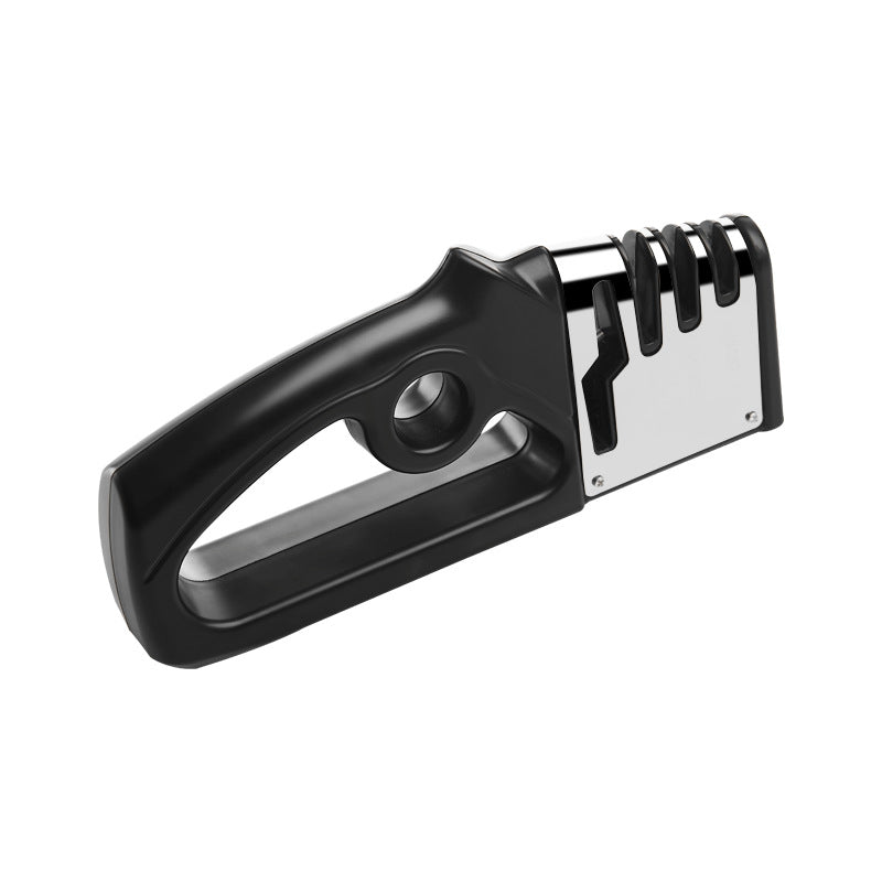 Black handheld fixed-angle knife sharpener with handle and metal sharpening guide plate