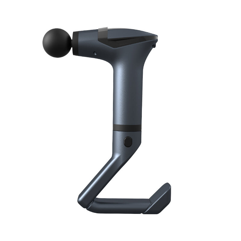 Fascia massage gun, dark gray body with black round head and ergonomic grip