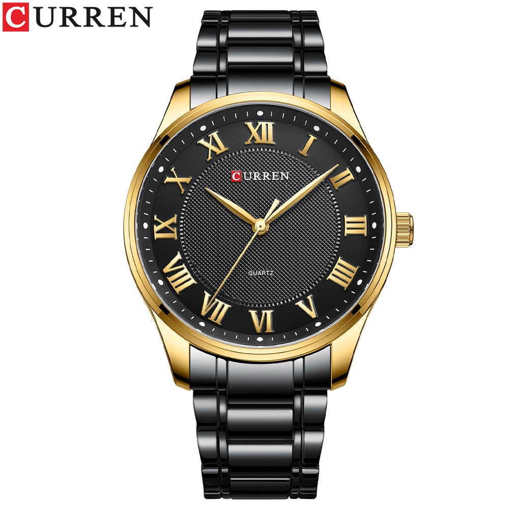 CURREN men's quartz watch with black steel bracelet and dark dial with gold hands