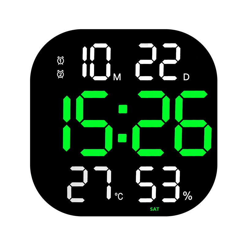 LED wall clock with green time, green countdown, and °C/% indicators