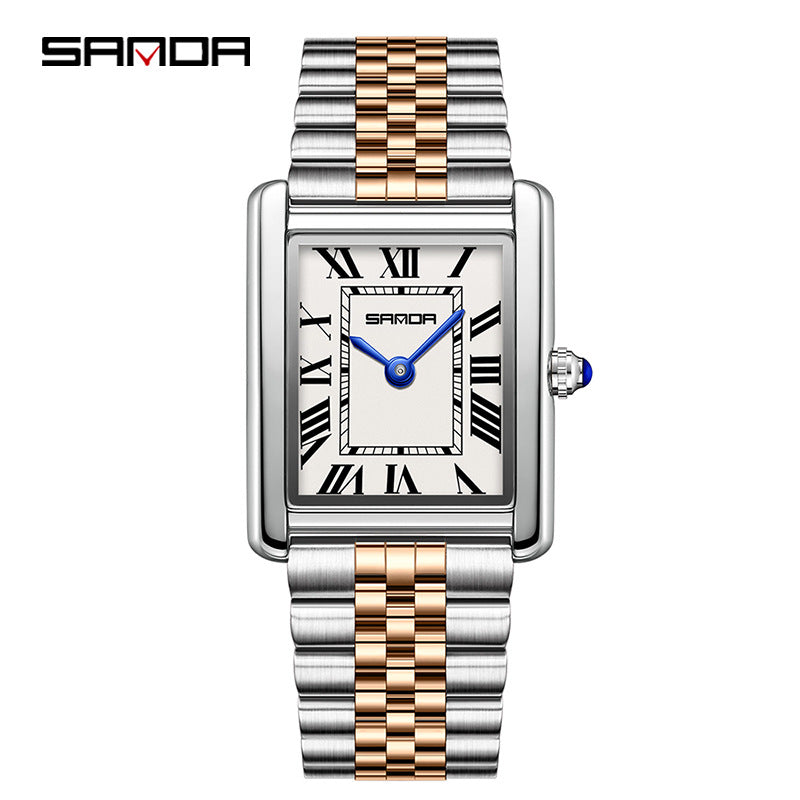 Square quartz wristwatch with Roman numerals, blue hands, silver-and-gold metal band