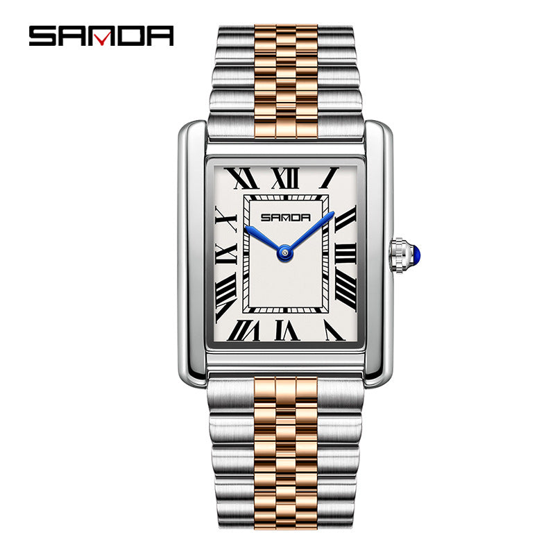 Two-tone stainless watch with square dial, Roman numerals, blue hands, link bracelet
